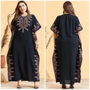 Women’s BNSQ Oversized Loungewear, One Size, Black Maxi Dress Coral Embroidery